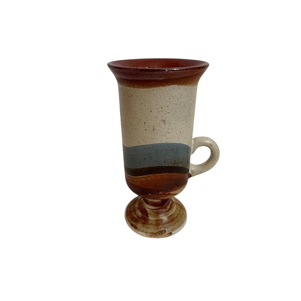 Vintage Studio Pottery Pedestal Coffee Mug Handmade Stoneware Earth Tone